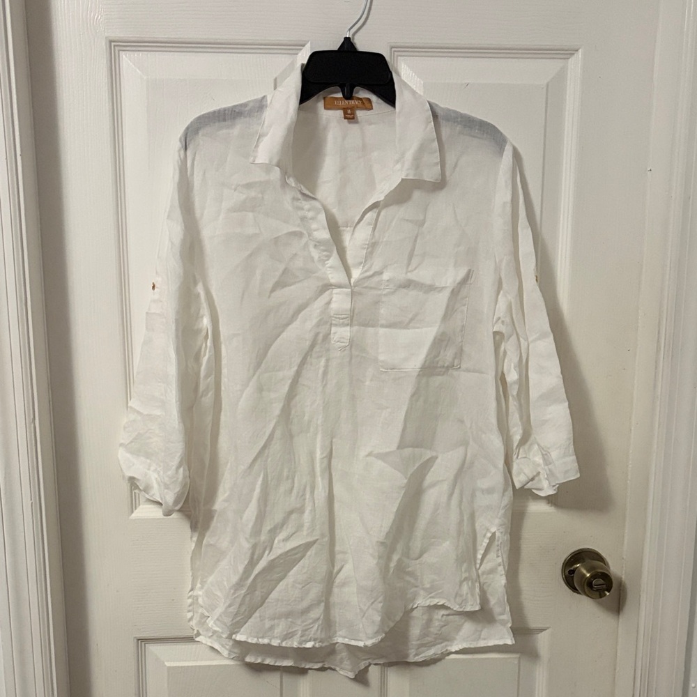 Ellen Tracy White Linen Button-Front Tunic